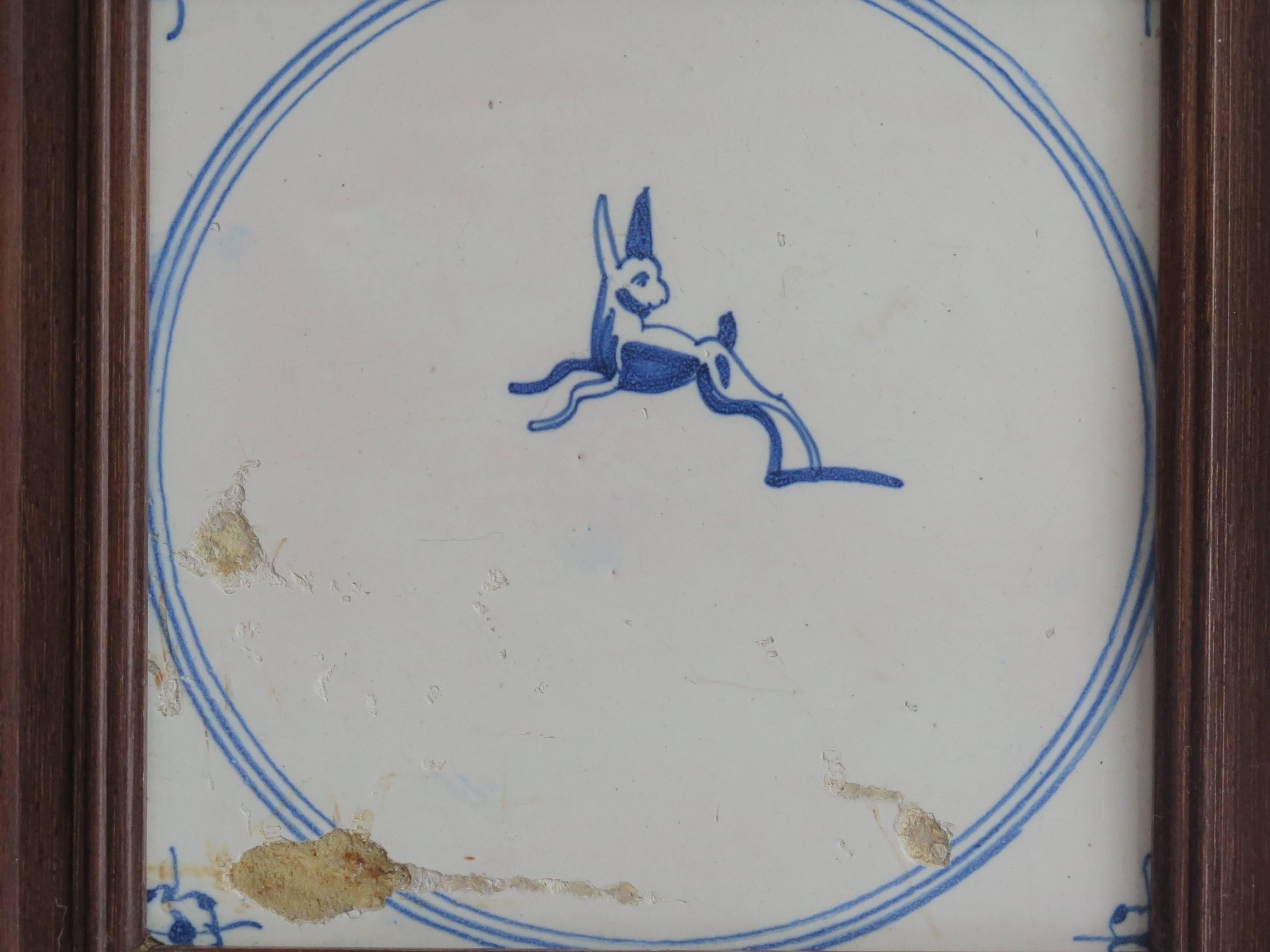 Five 18th Century Delft Blue and White Animal Tiles in Hardwood Frames, Ca 1750 11