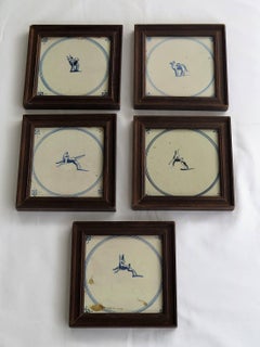 Five 18th Century Delft Blue and White Animal Tiles in Hardwood Frames, Ca 1750