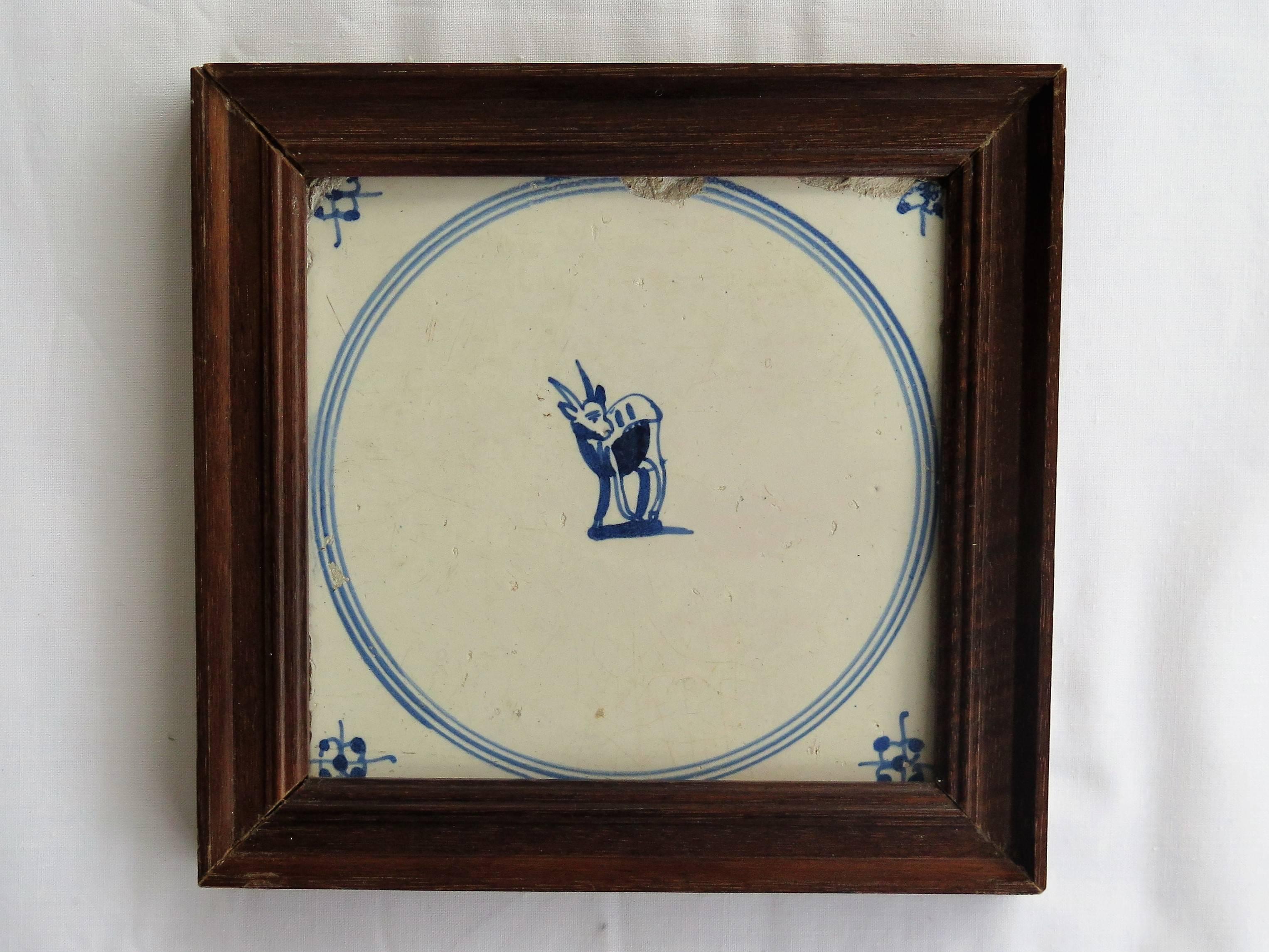 Hand-Crafted Five 18th Century Delft Blue and White Animal Tiles in Hardwood Frames, Ca 1750