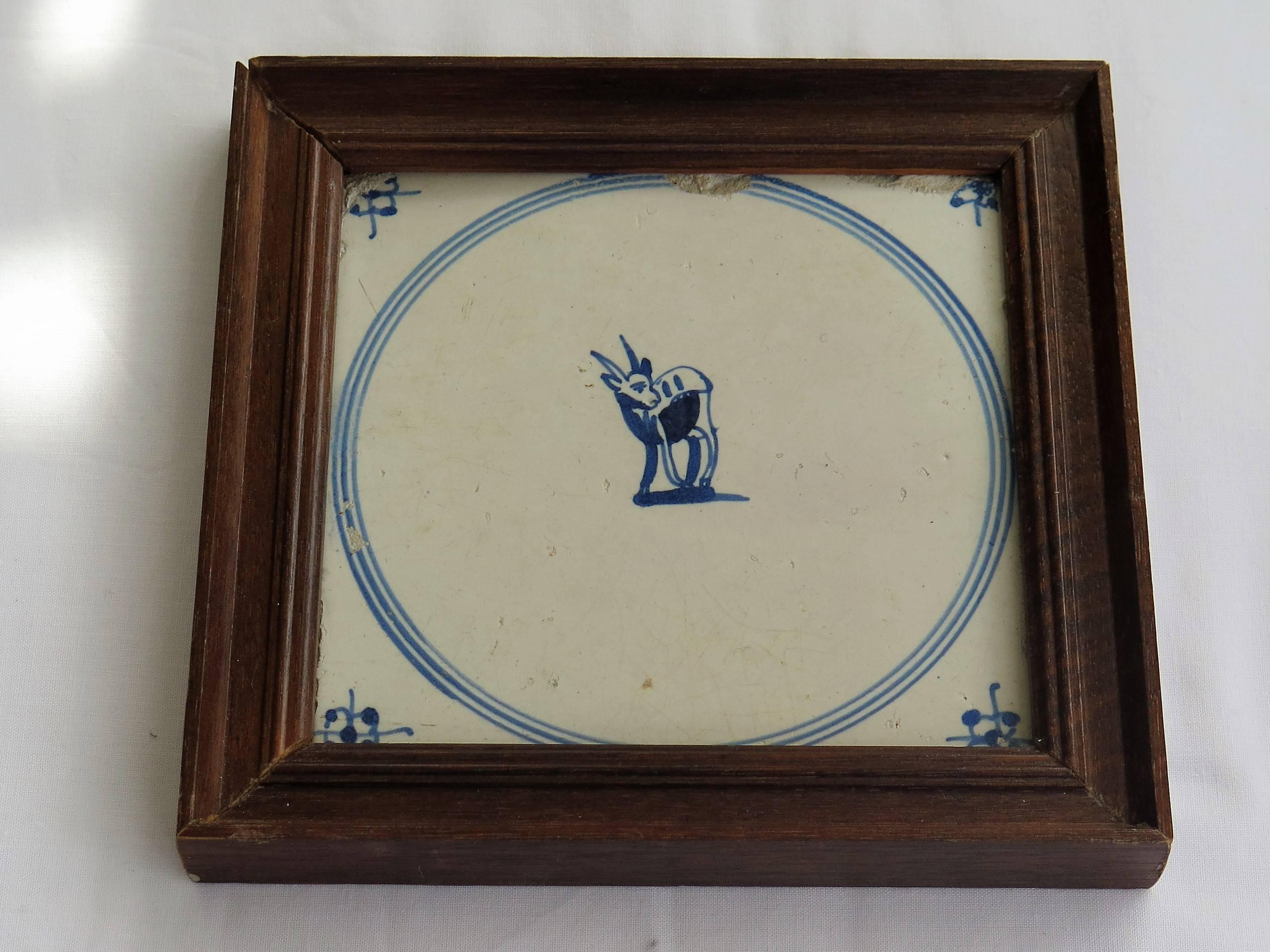 Five 18th Century Delft Blue and White Animal Tiles in Hardwood Frames, Ca 1750 In Fair Condition In Lincoln, Lincolnshire