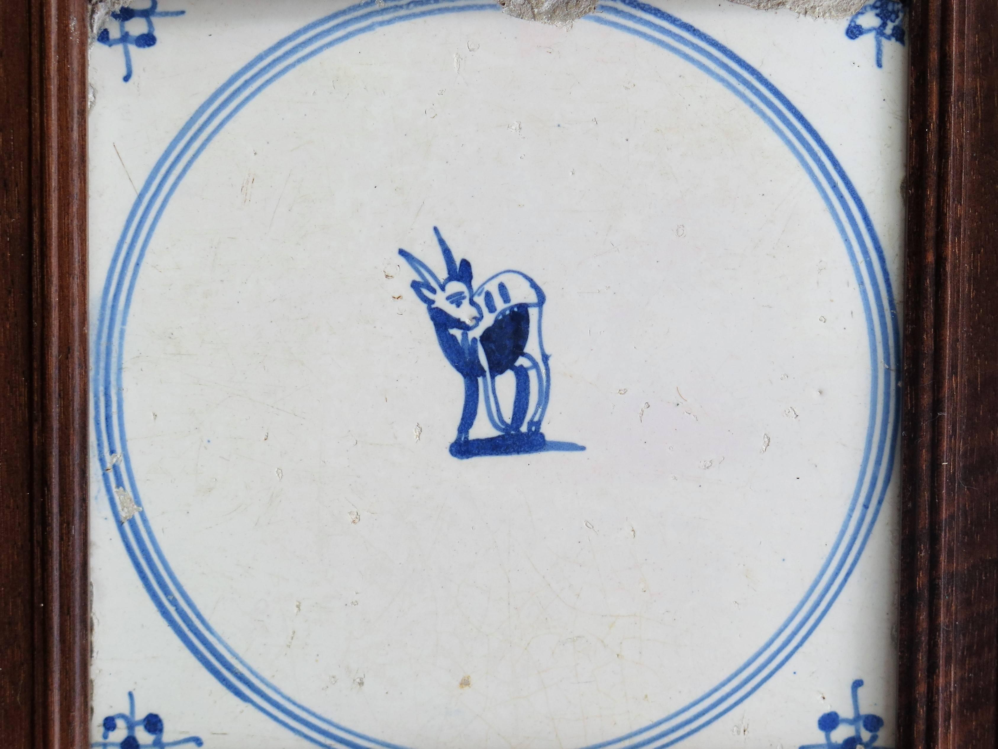 Earthenware Five 18th Century Delft Blue and White Animal Tiles in Hardwood Frames, Ca 1750