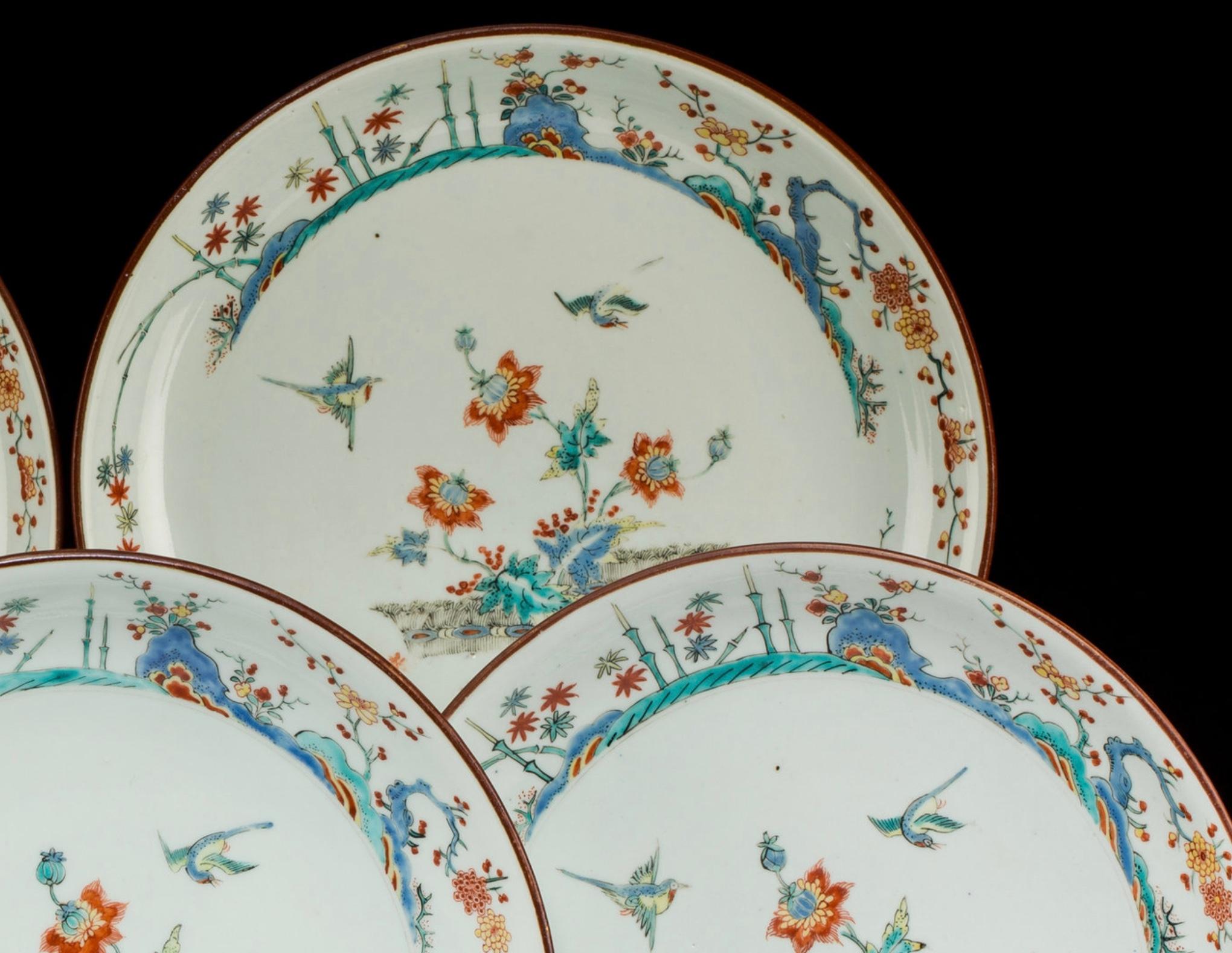 Five fine enameled porcelain either Kangxi or Quainlong plates with Japonese style Imari floral and birds motifs. They are from the Famille Vert and Famille rose schools with vibrant colors on milk white china.

Size: 9.2 inch diameter (23.2