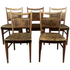 Five 1940s Continental Leather and Oak Dining Chairs