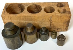 Five 19th C. French Bronze Metric (Apothecary ) Weights, Original Wooden Block