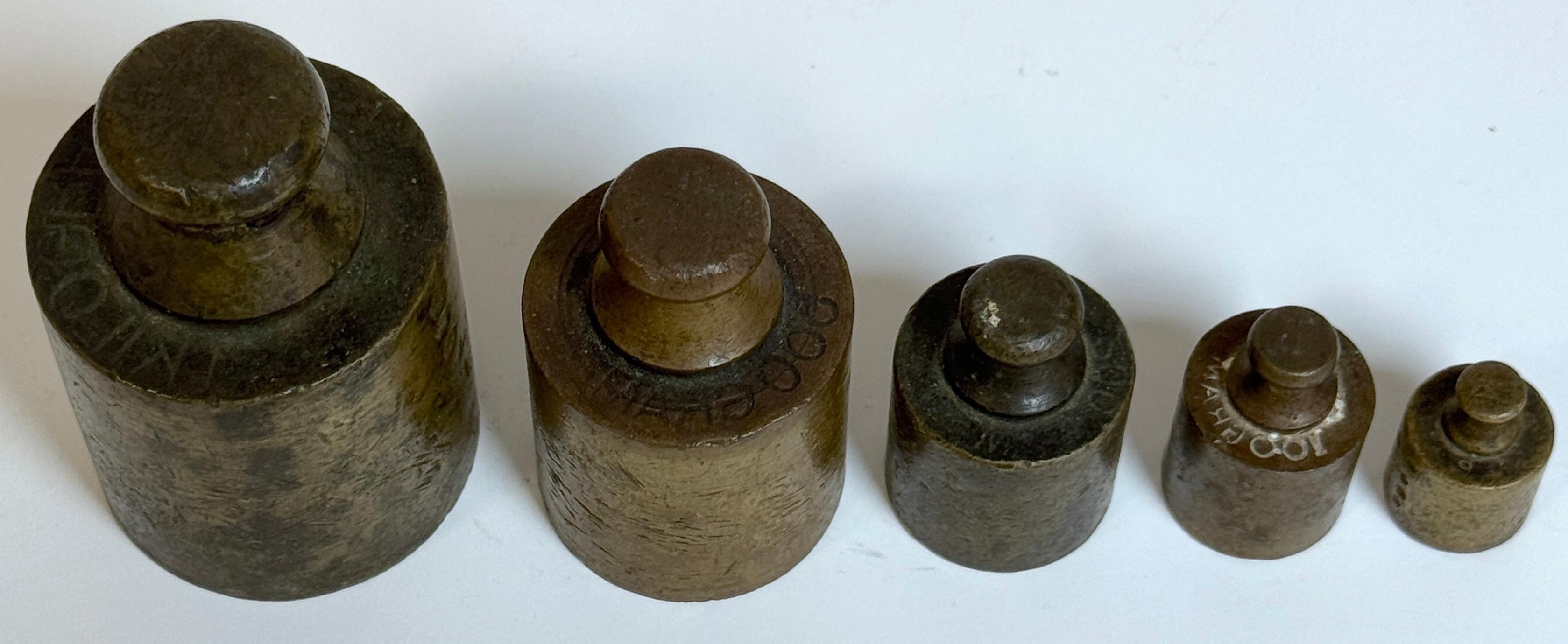 Moulage Five 19th C. French Bronze Metric (Apothecary ) Weights, Original Wooden Block en vente
