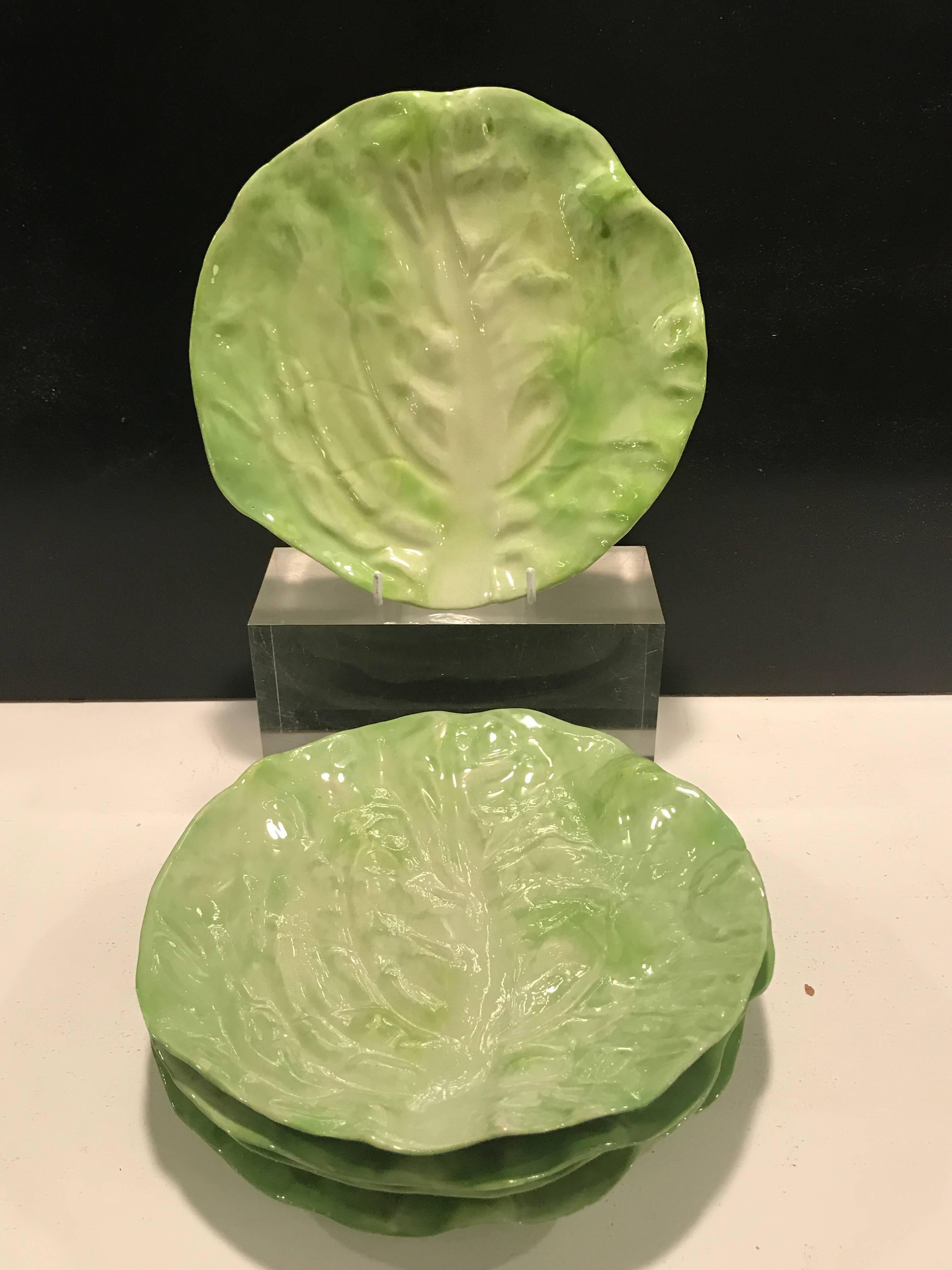 Five 19th century American majolica lettuce ware plates, each one realistically modeled and painted in the manner of Napoli, Each plate stamped with 