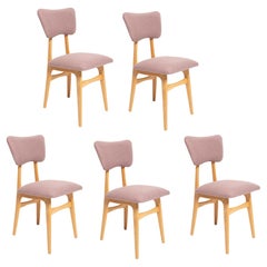 Cinq chaises de salle à manger papillon du XXe siècle, laine rose, bois clair, Europe, années 1960