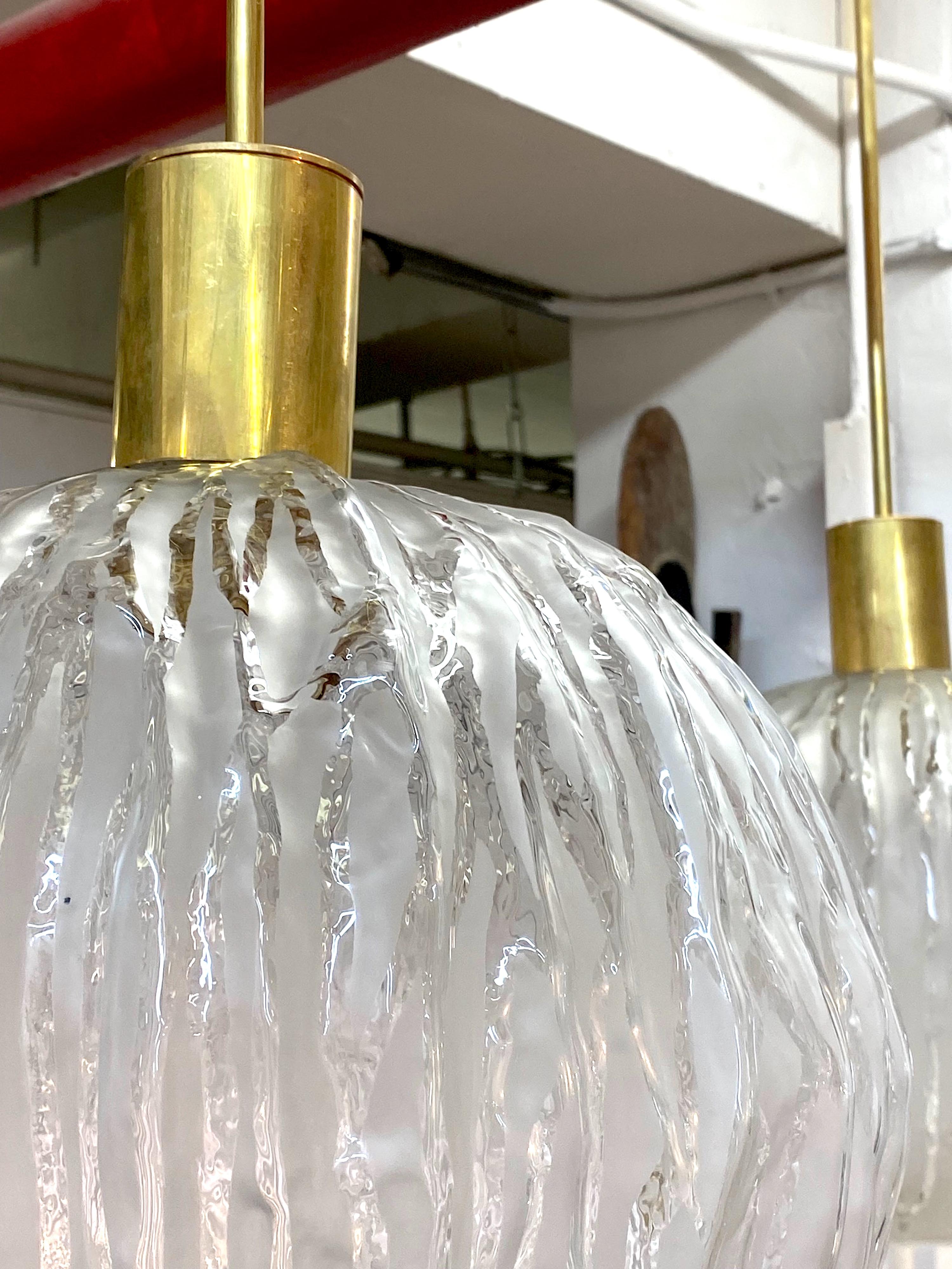 Four Angelo Brotto Italian 1960s Satin and Clear Glass Shade Pendant Lights For Sale 4
