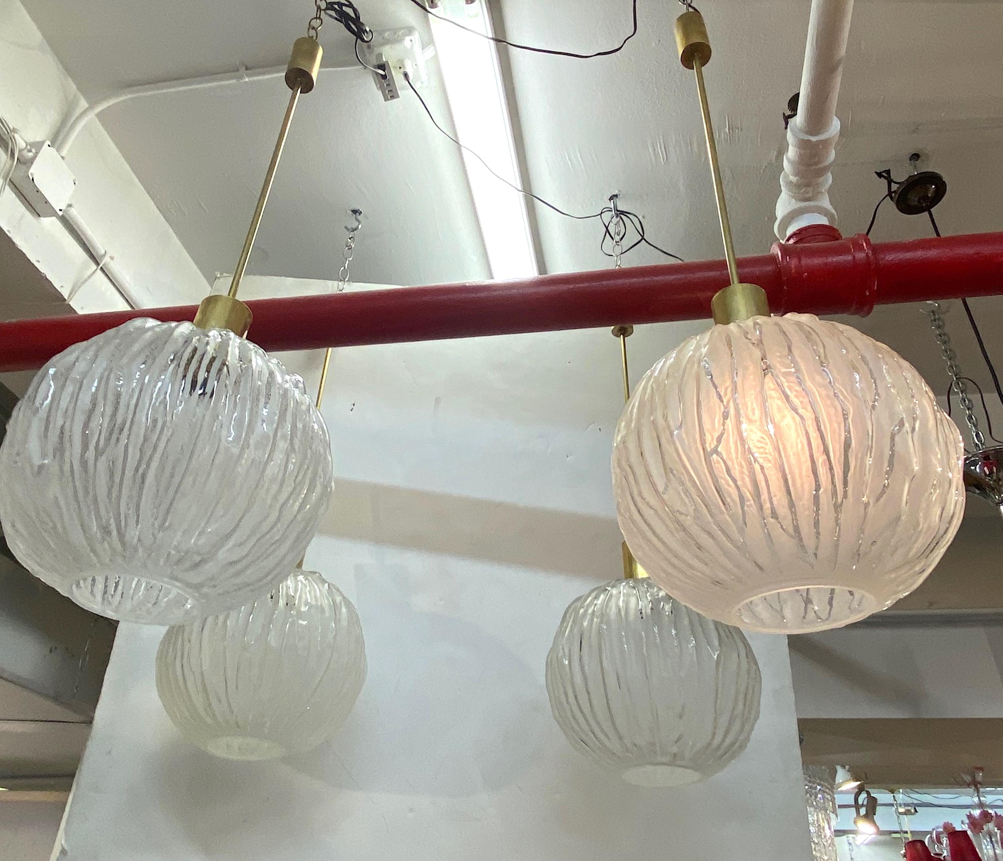 Four Angelo Brotto Italian 1960s Satin and Clear Glass Shade Pendant Lights For Sale 10