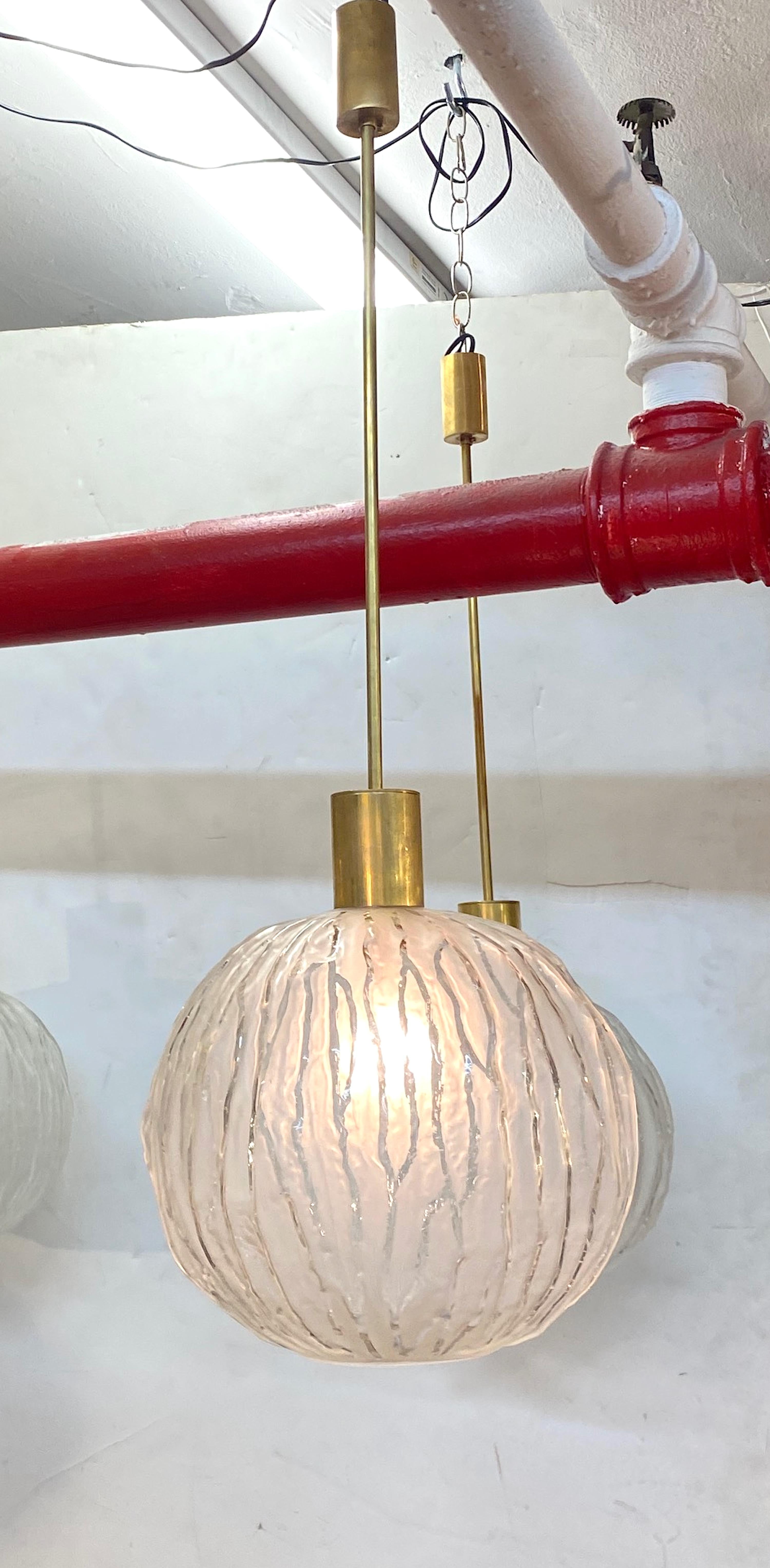 Four Angelo Brotto Italian 1960s Satin and Clear Glass Shade Pendant Lights For Sale 11
