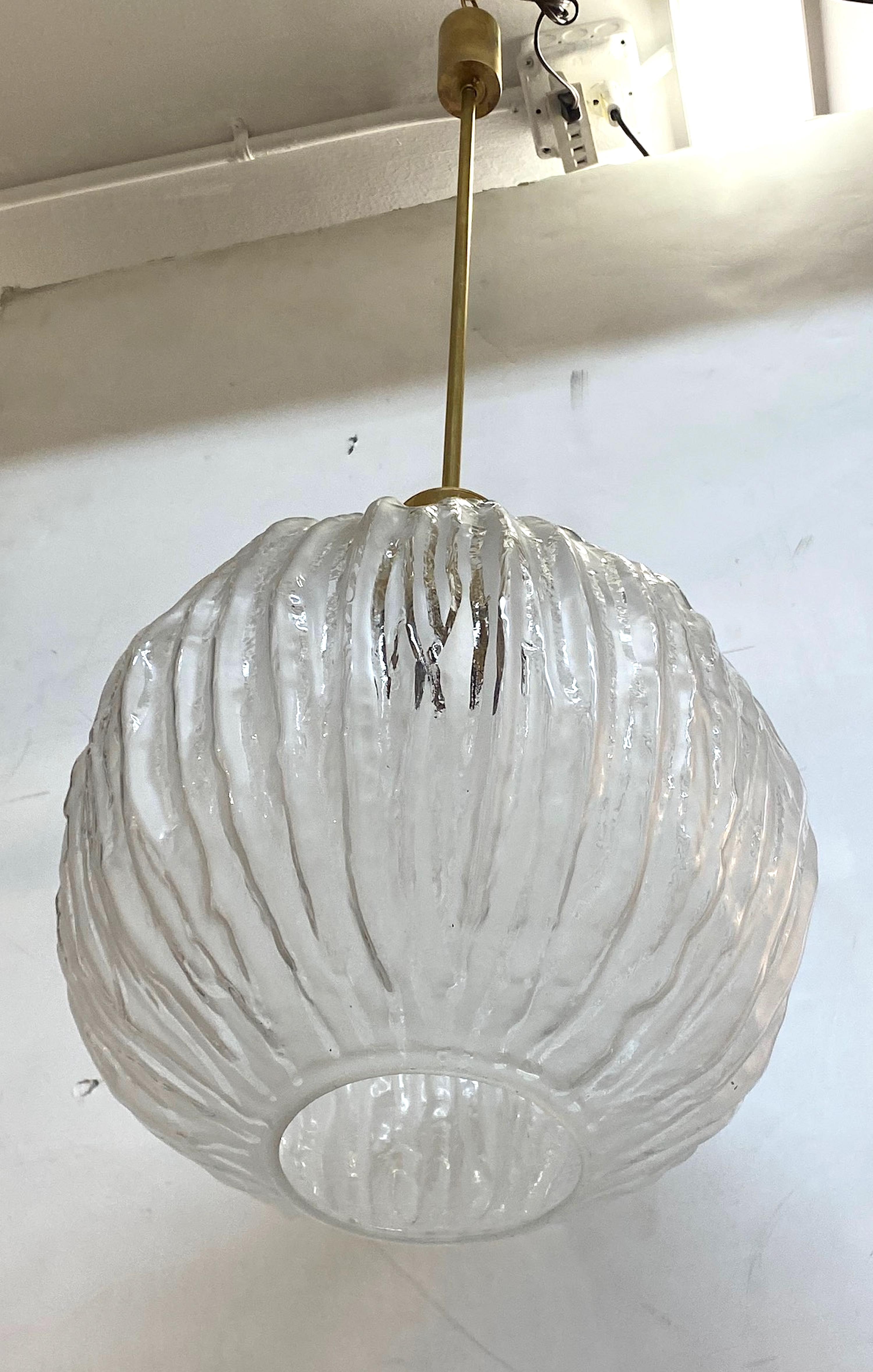 Mid-20th Century Four Angelo Brotto Italian 1960s Satin and Clear Glass Shade Pendant Lights For Sale