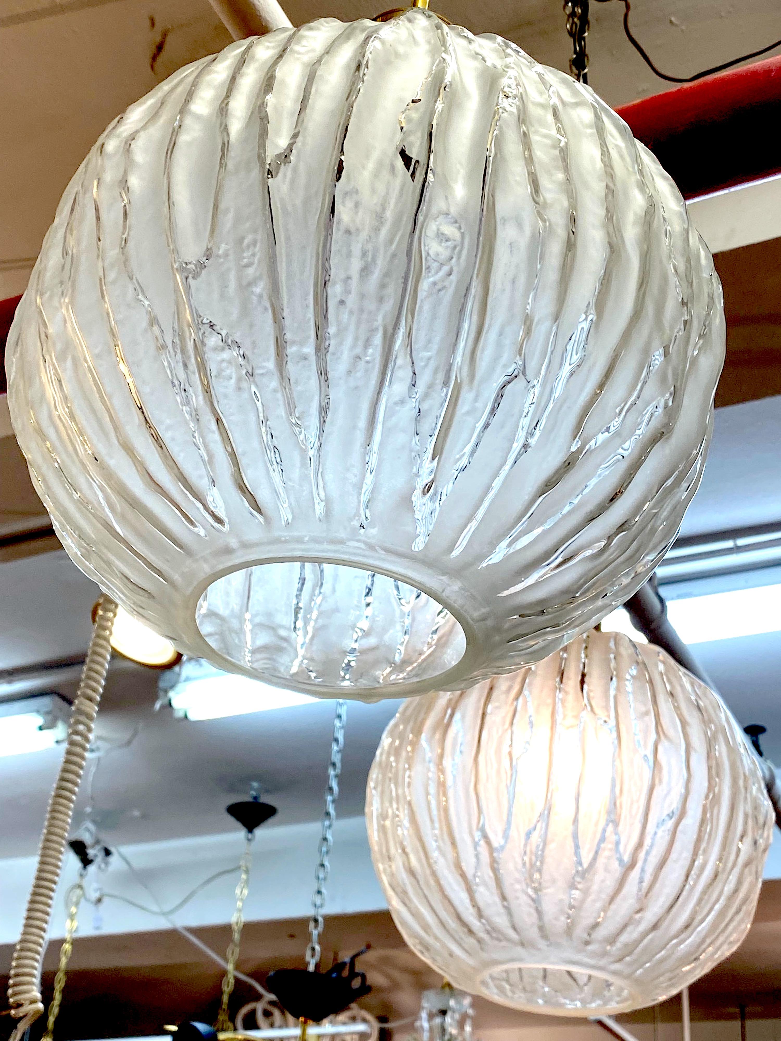 Brass Four Angelo Brotto Italian 1960s Satin and Clear Glass Shade Pendant Lights For Sale