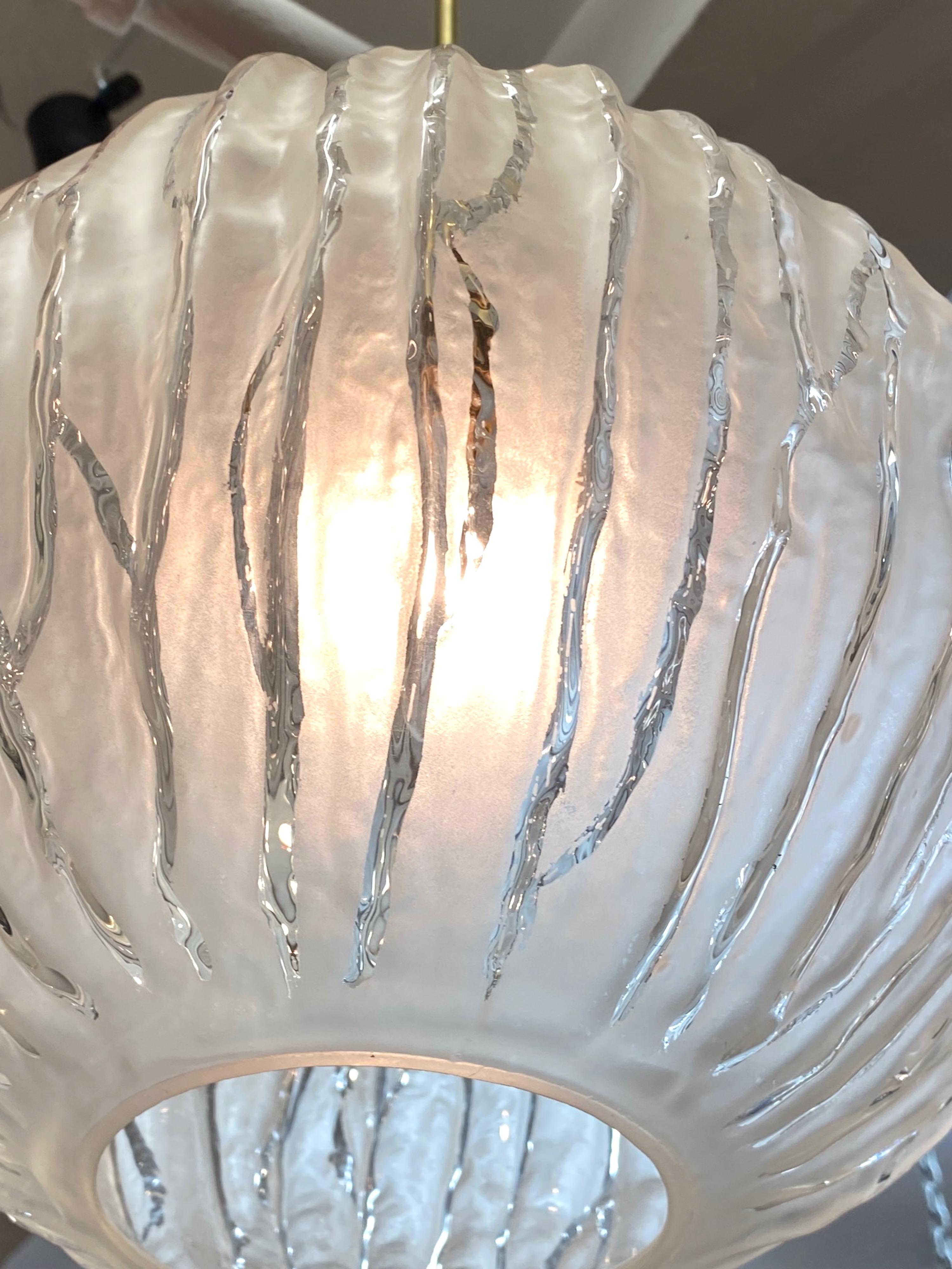 Four Angelo Brotto Italian 1960s Satin and Clear Glass Shade Pendant Lights For Sale 1