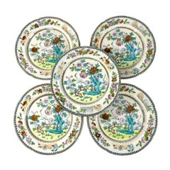 Five Antique Plates English Ironstone Hand-Painted Chinoiserie Davenport