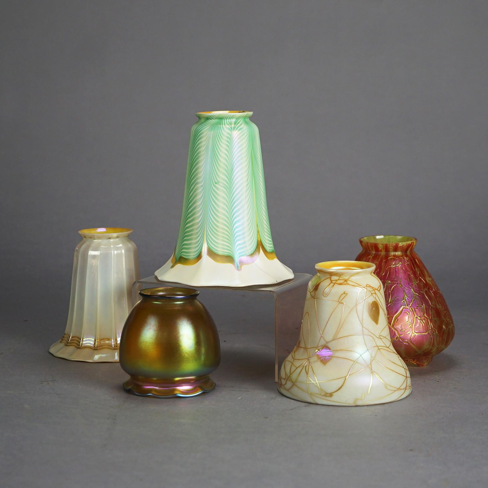 Five Antique Arts & Crafts Steuben & Quezal Art Glass Light Shades C1920 5
