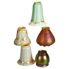 Five Antique Arts & Crafts Steuben & Quezal Art Glass Light Shades C1920