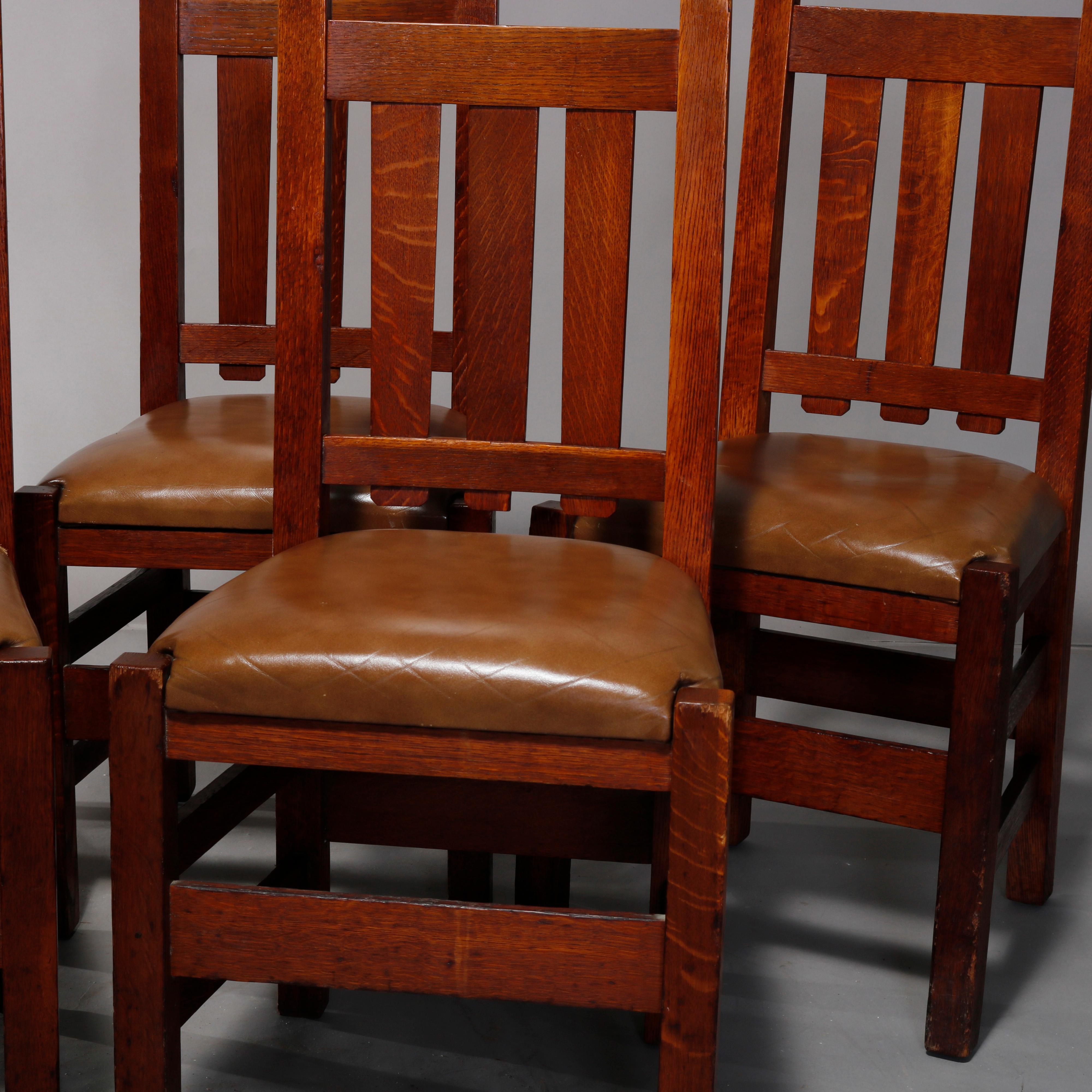 Five Antique Arts & Crafts Mission Oak and Leather Chairs attr Stickley Bros 3
