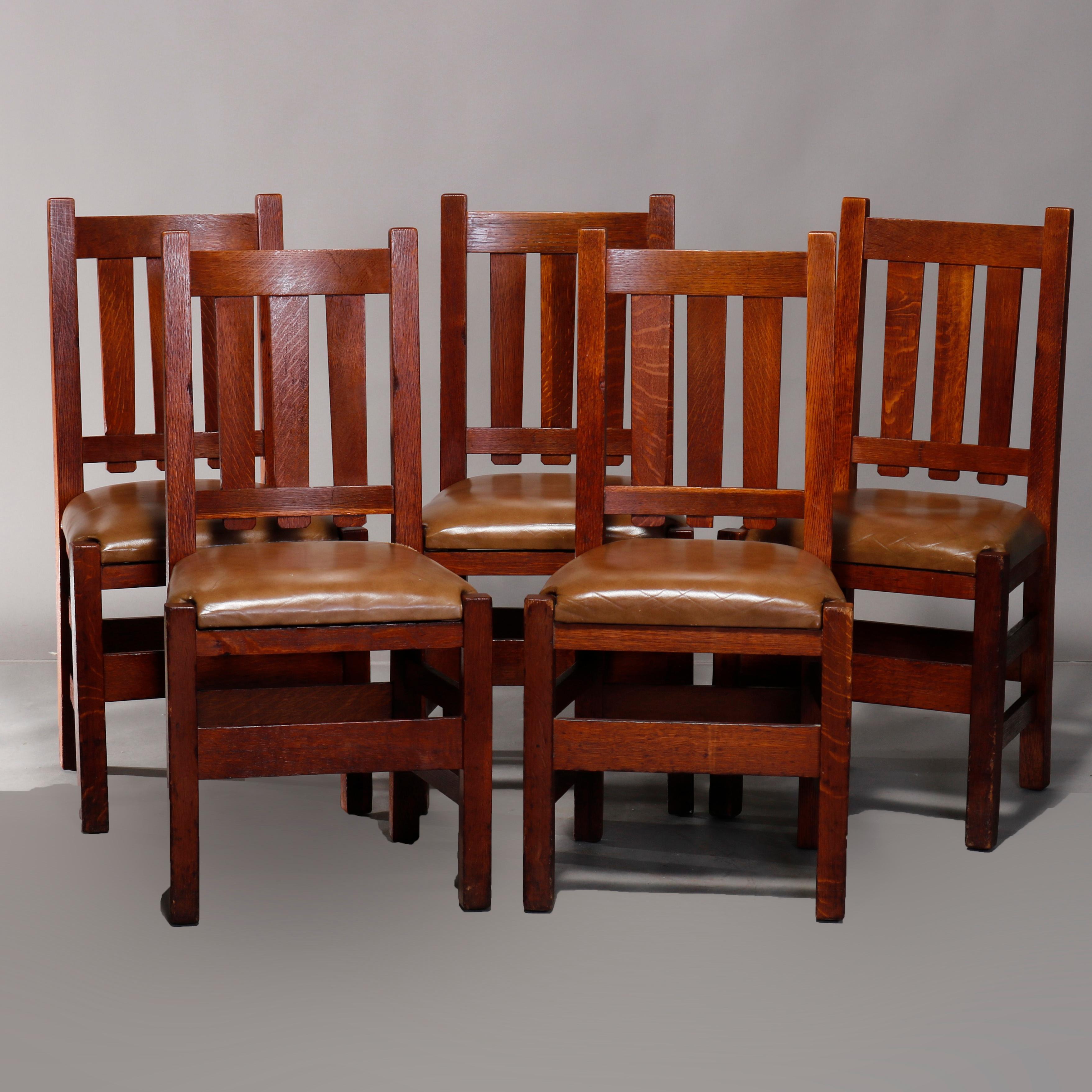 Five Antique Arts & Crafts Mission Oak and Leather Chairs attr Stickley Bros 1