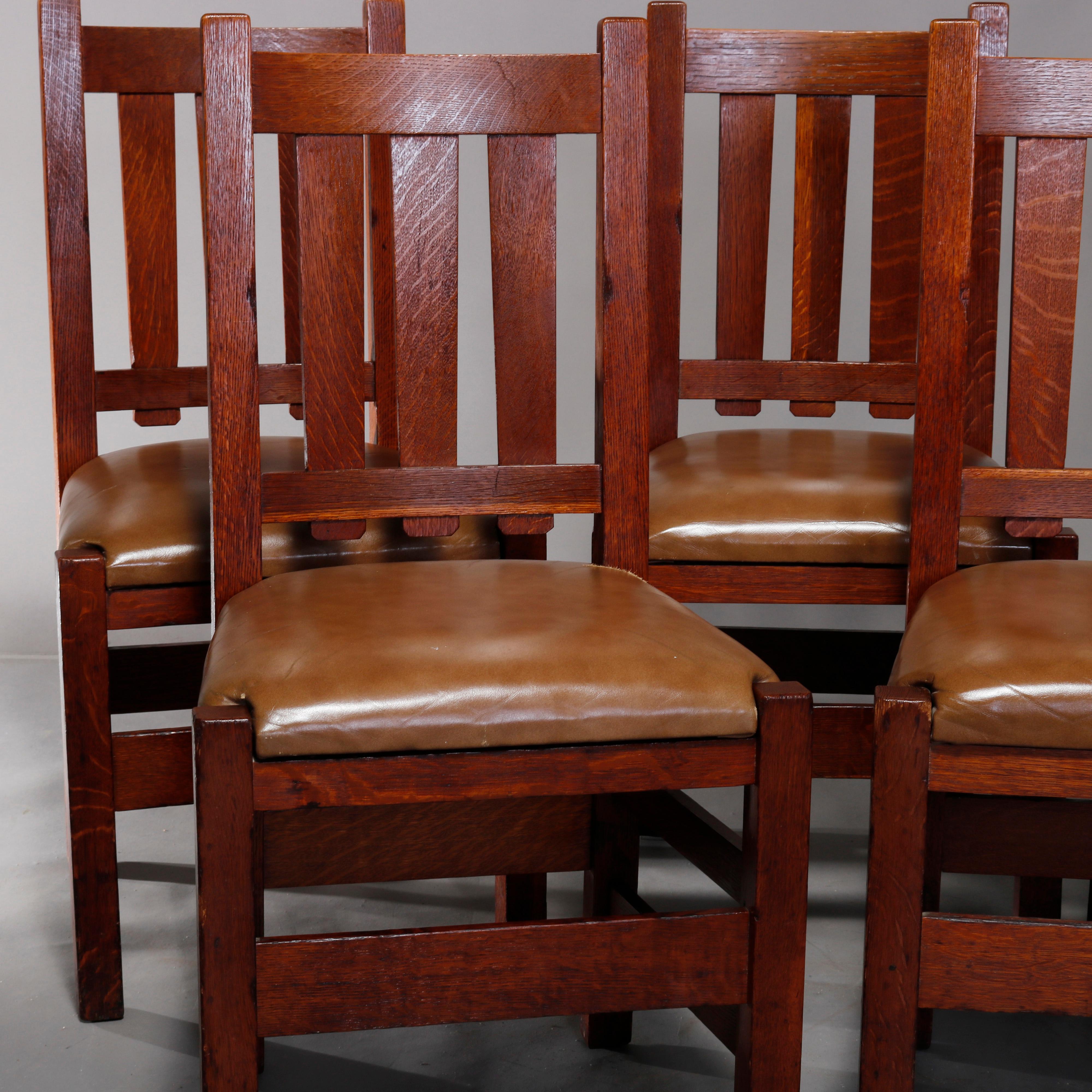 Five Antique Arts & Crafts Mission Oak and Leather Chairs attr Stickley Bros 2