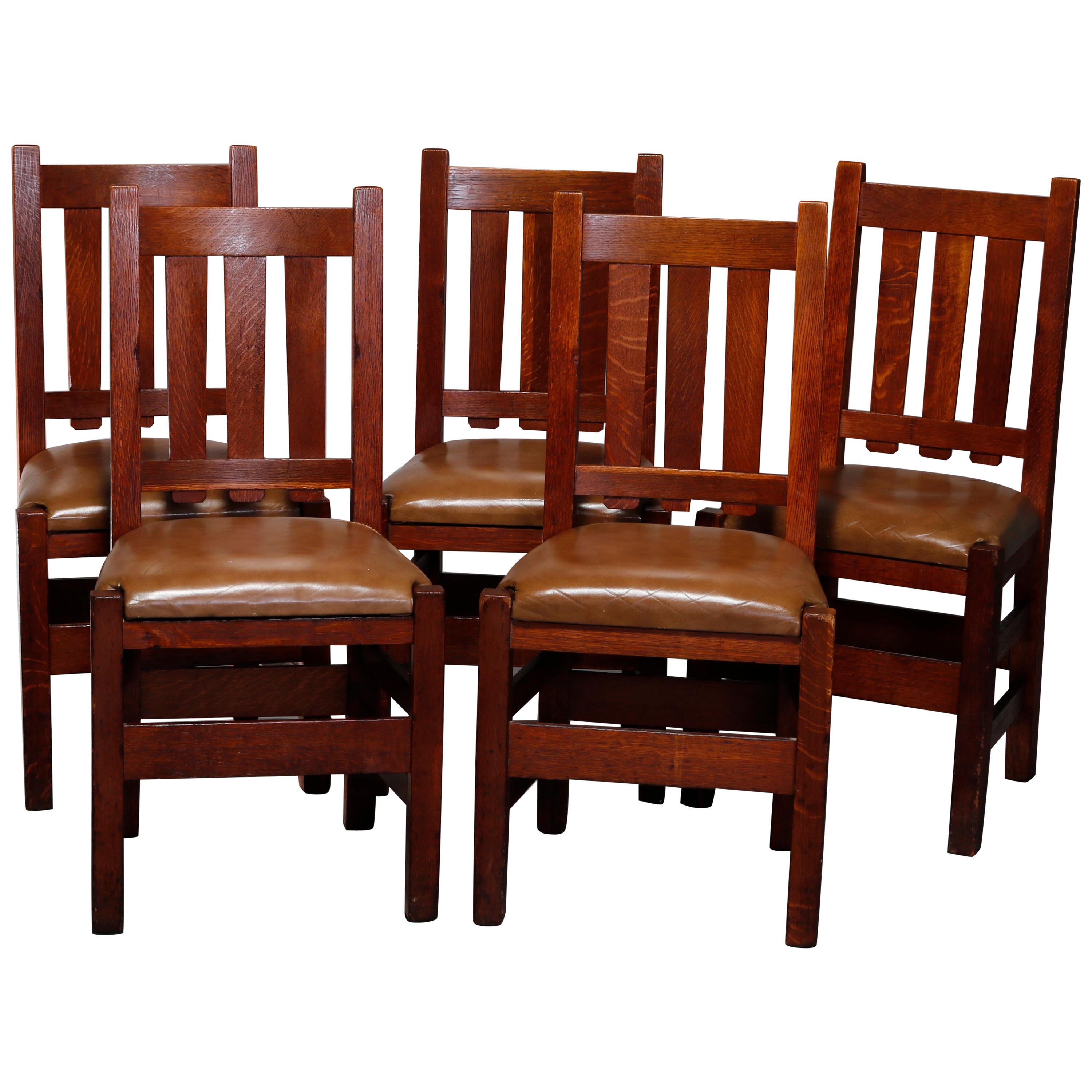 Five Antique Arts & Crafts Mission Oak and Leather Chairs attr Stickley Bros