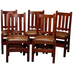 Five Antique Arts & Crafts Mission Oak and Leather Chairs attr Stickley Bros