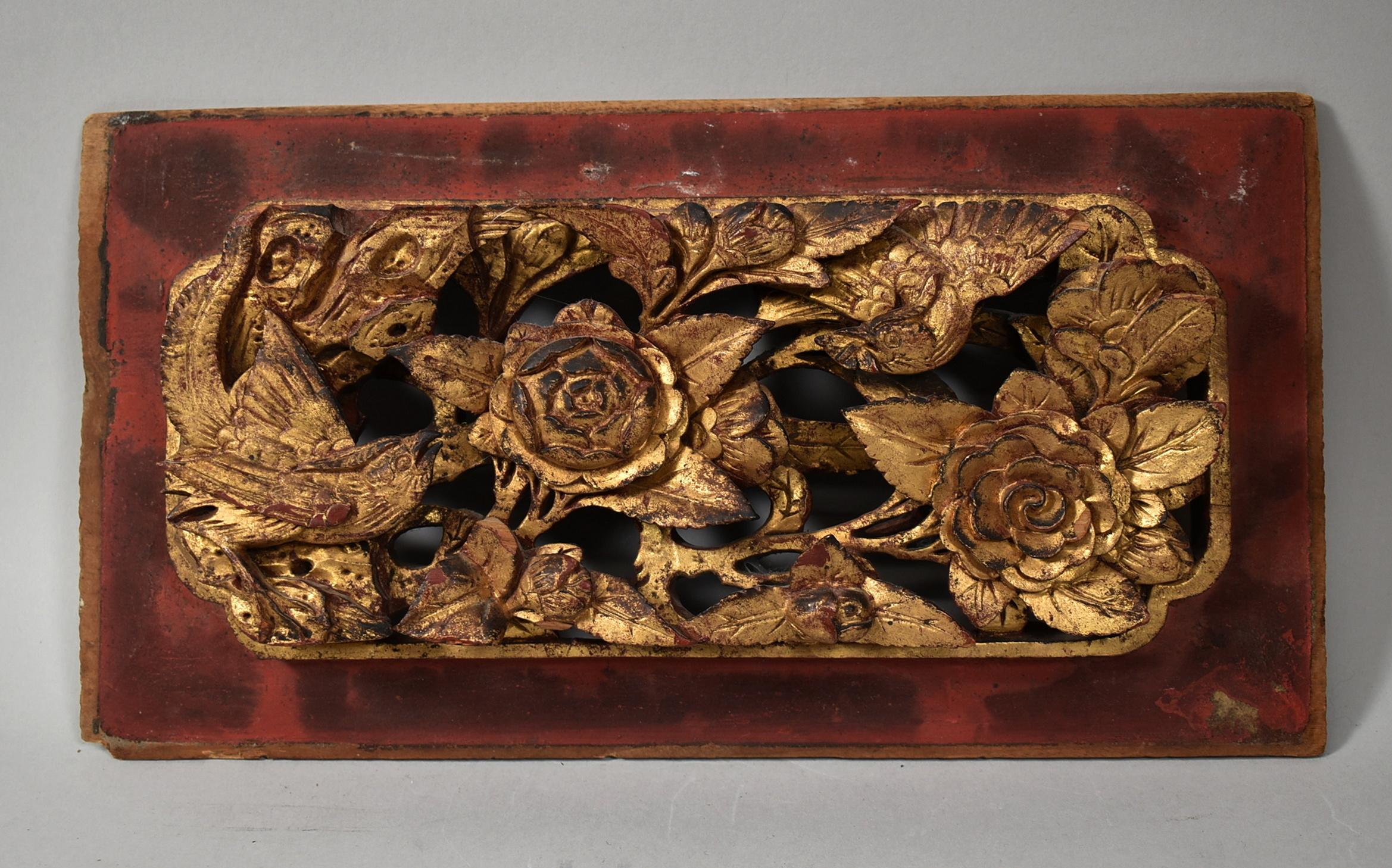 Five antique carved Asian style wall plaques depicting floral designs with birds. A couple edge chunks as shown in photo. Overall general light wear. Various sizes.
6.25