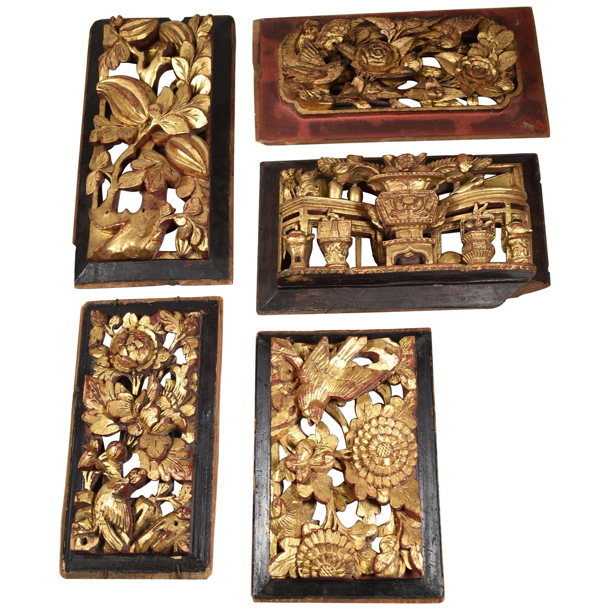 Five Antique Carved Asian Style Wall Plaques Birds, Flowers For Sale
