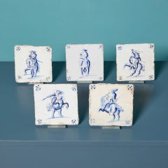 Five Antique Delft Tiles Featuring Horsemen