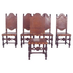 Five Antique Dining Chairs with Leather Seats and Backs