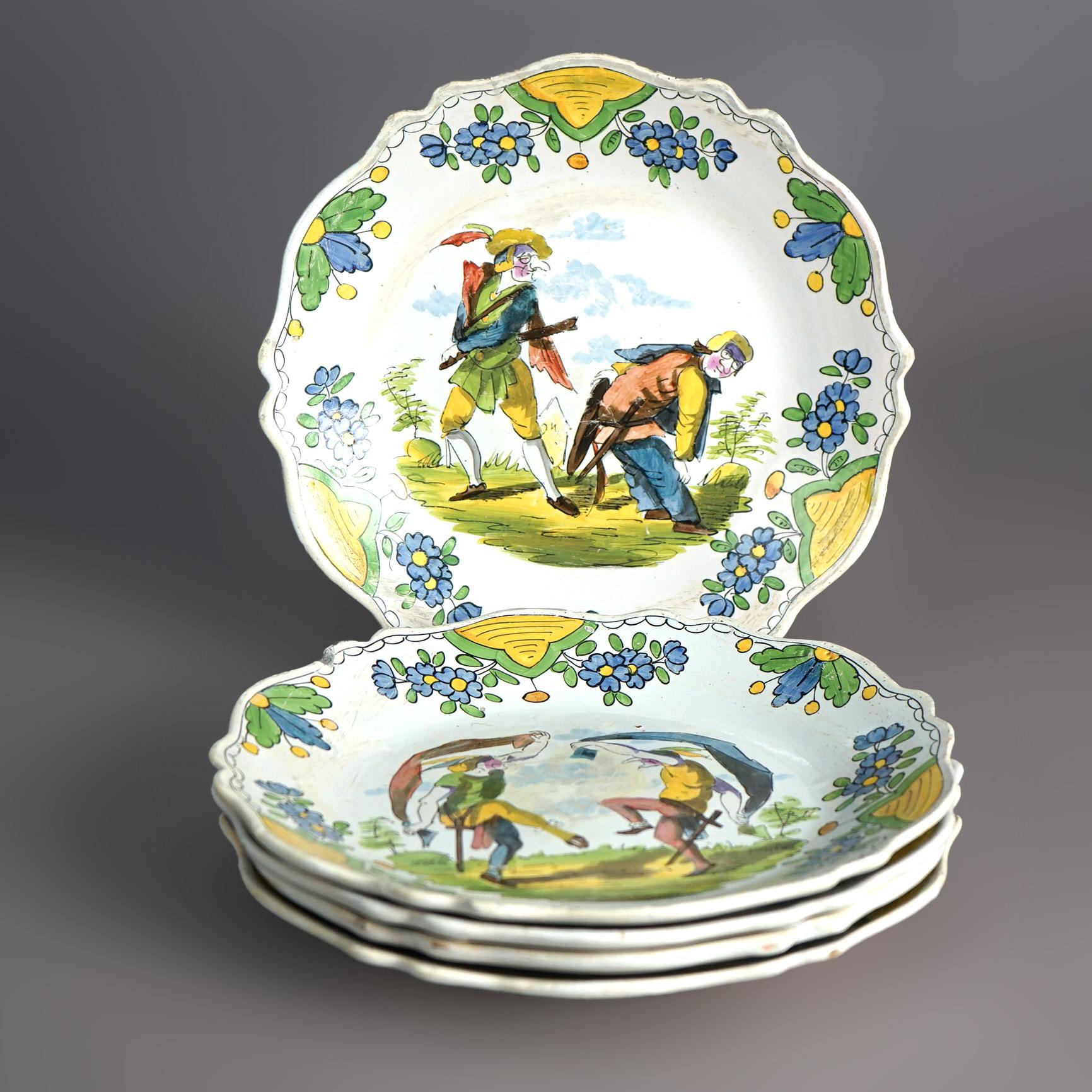 Hand-Painted Five Antique French Faience Pottery Hand Painted Plates by Les Islettes 18thC  For Sale