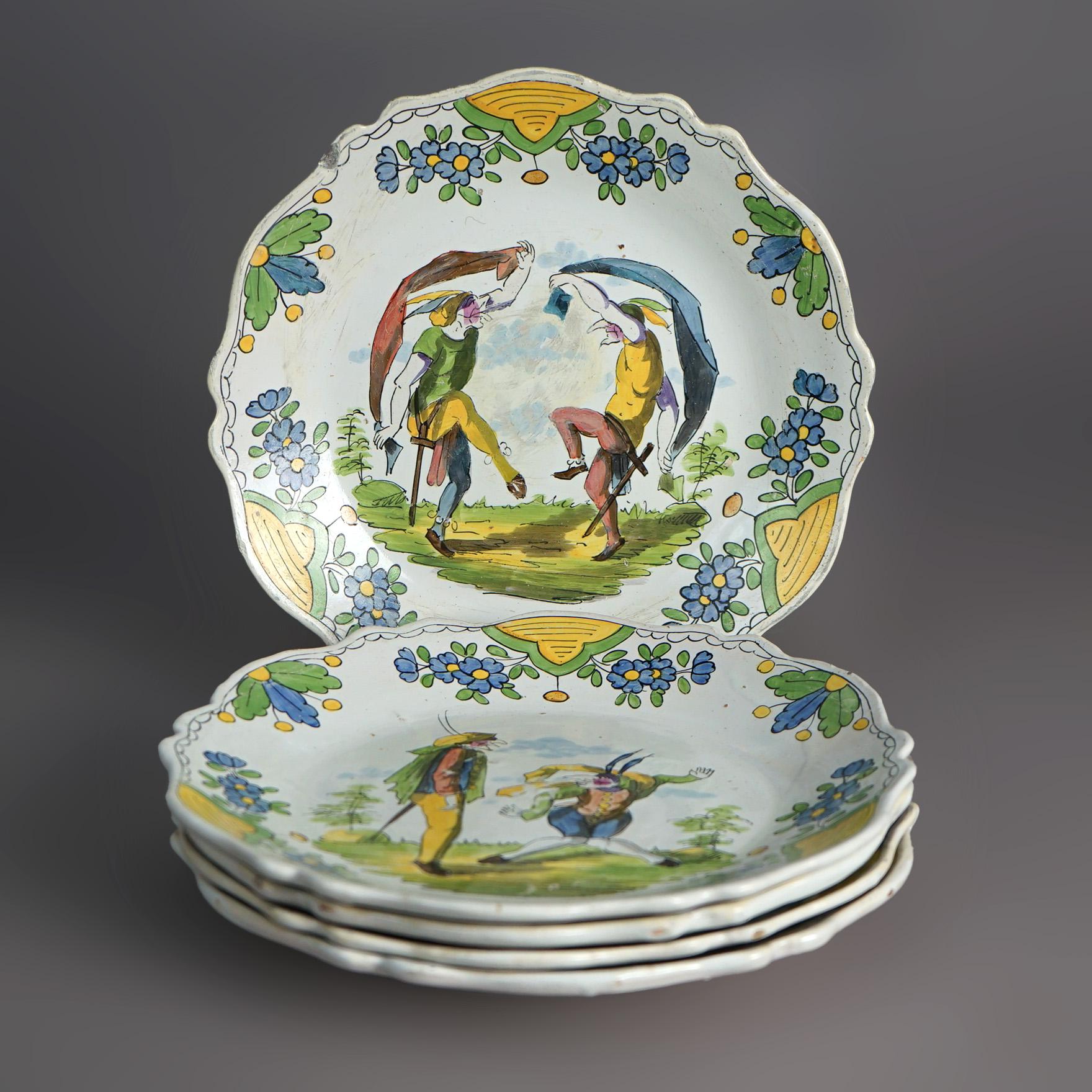 Five Antique French Faience Pottery Hand Painted Plates by Les Islettes 18thC  In Good Condition For Sale In Big Flats, NY
