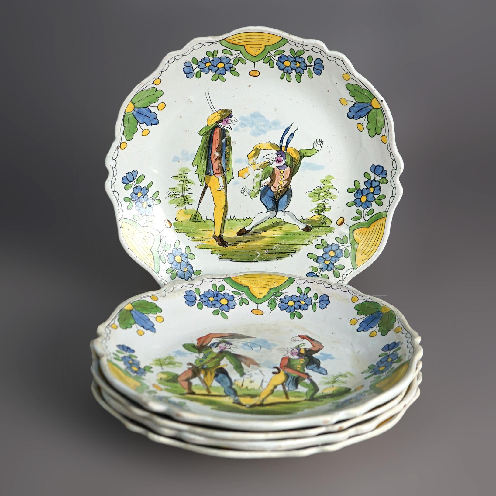 18th Century Five Antique French Faience Pottery Hand Painted Plates by Les Islettes 18thC  For Sale