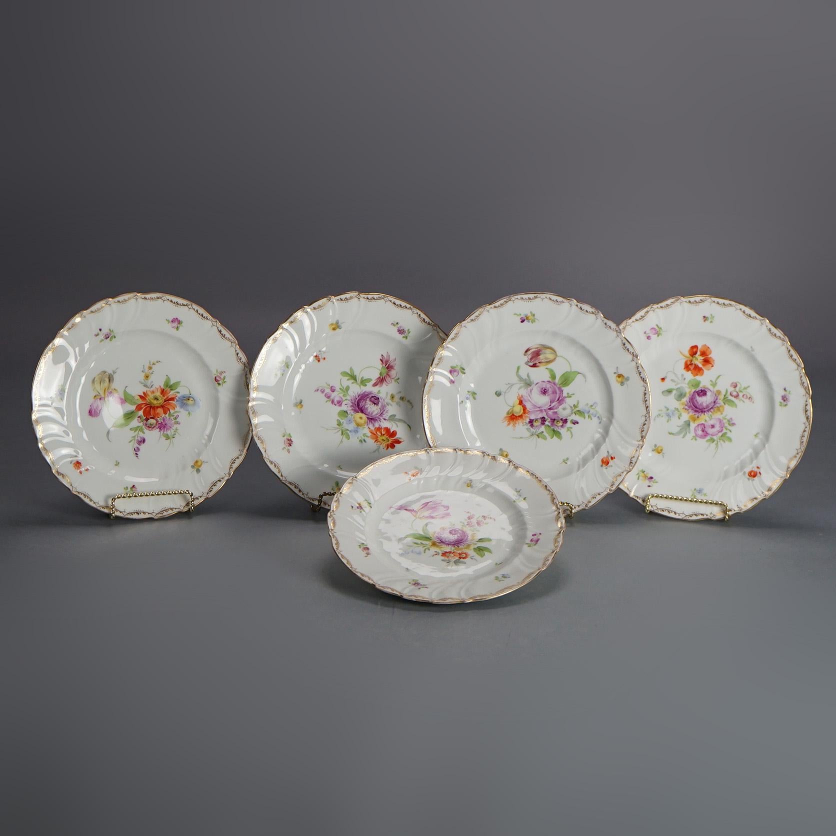Five Antique German Dresden Porcelain Plates with Hand Painted Flowers c1900 In Good Condition In Big Flats, NY