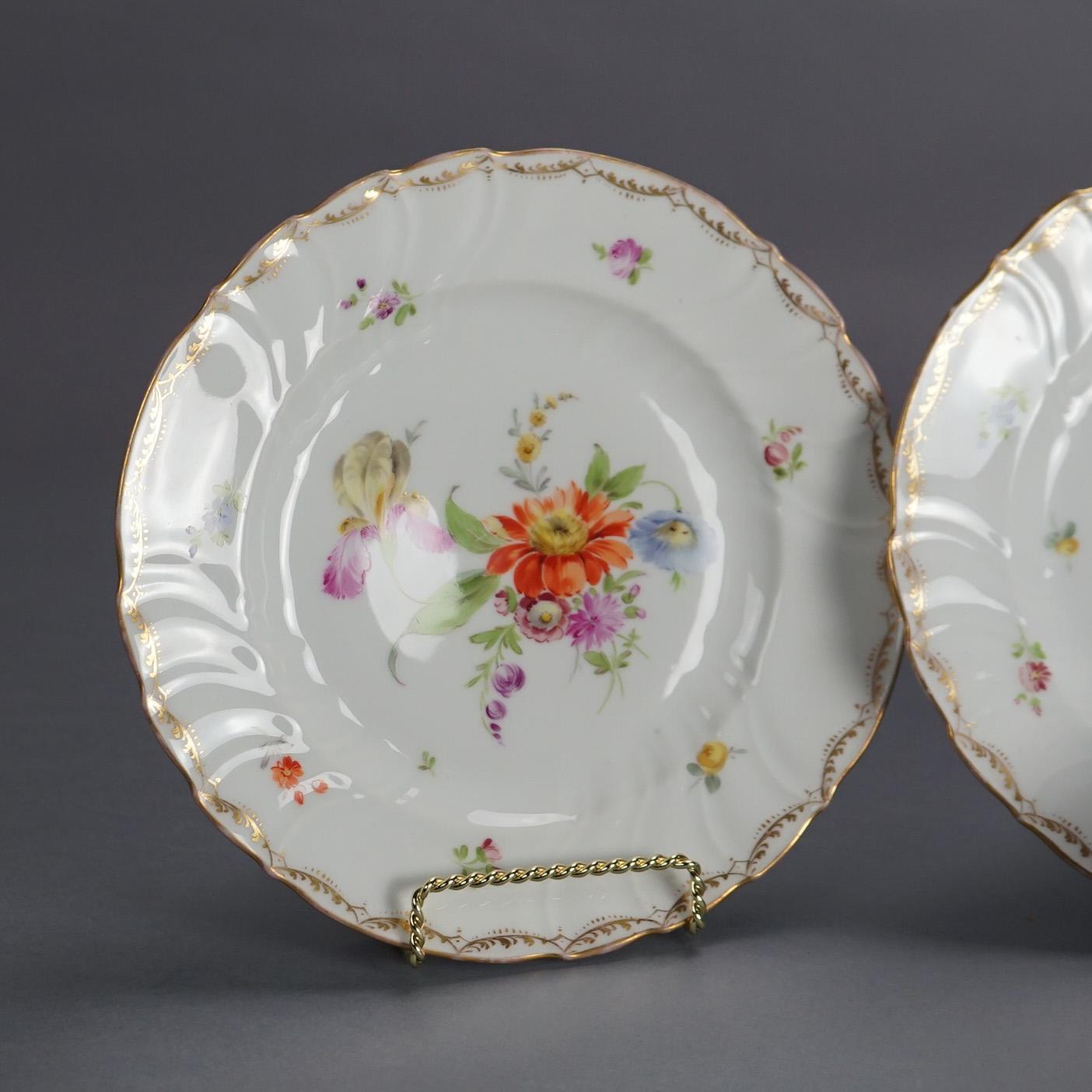 20th Century Five Antique German Dresden Porcelain Plates with Hand Painted Flowers c1900