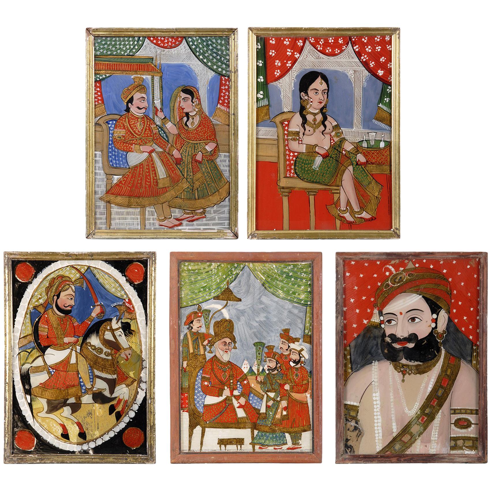 Five Antique Indian Reverse Glass Paintings For Sale