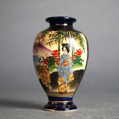 Five Antique Japanese Blue Satsuma Porcelain Miniature Vases, Genre Scenes C1920