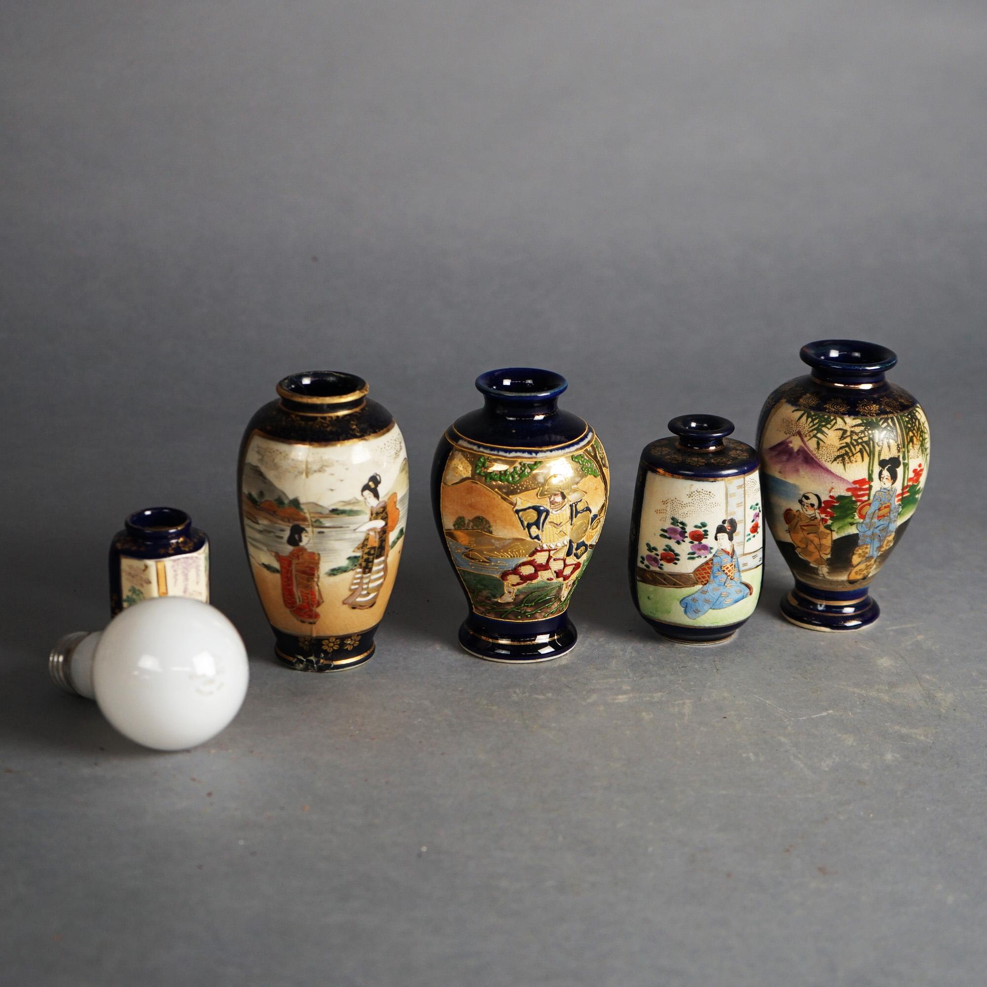 Asian Five Antique Japanese Blue Satsuma Porcelain Miniature Vases, Genre Scenes C1920