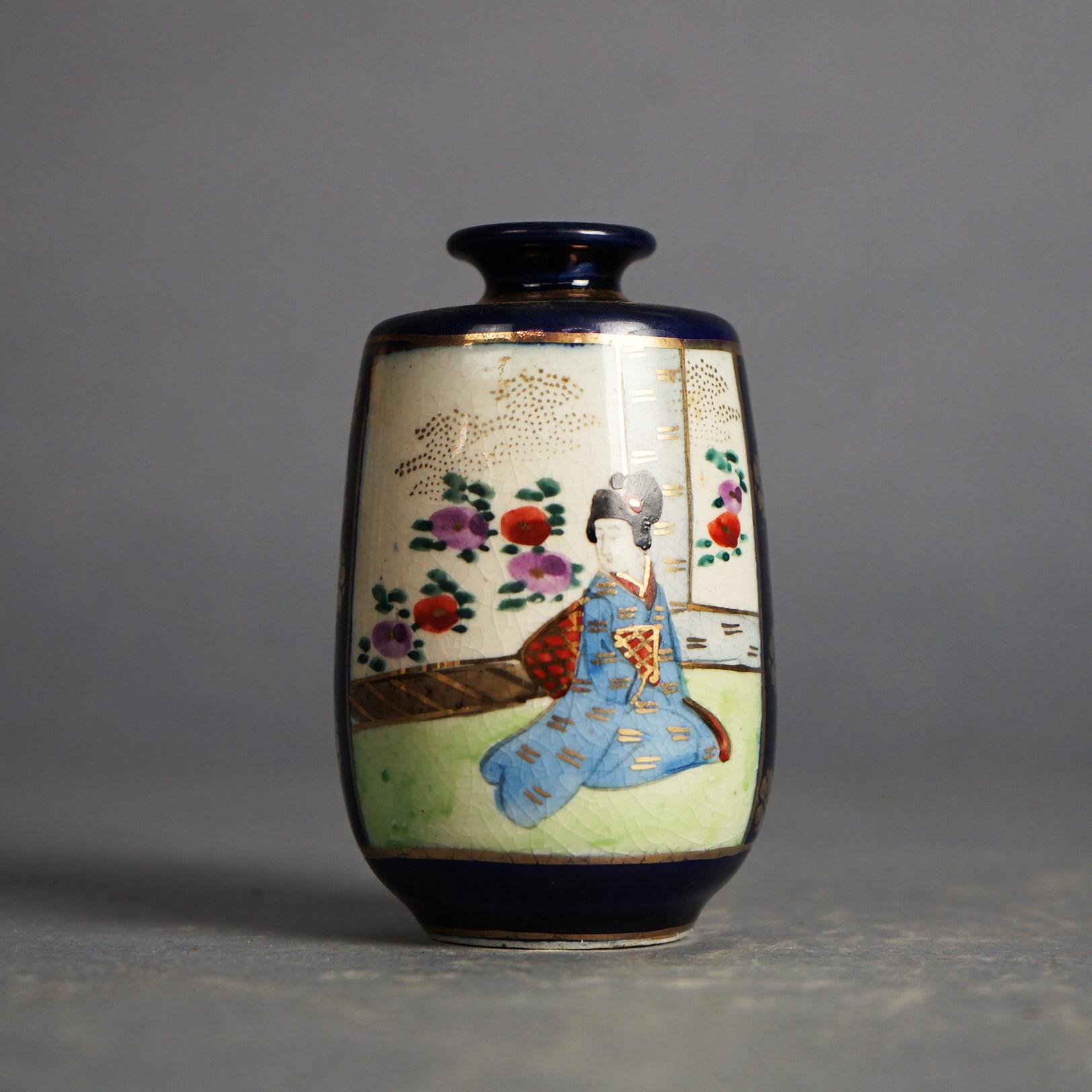 Five Antique Japanese Blue Satsuma Porcelain Miniature Vases, Genre Scenes C1920 1