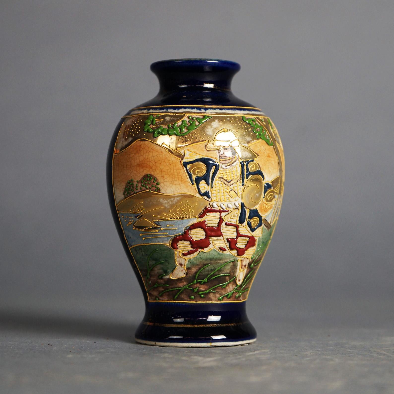 Five Antique Japanese Blue Satsuma Porcelain Miniature Vases, Genre Scenes C1920 2