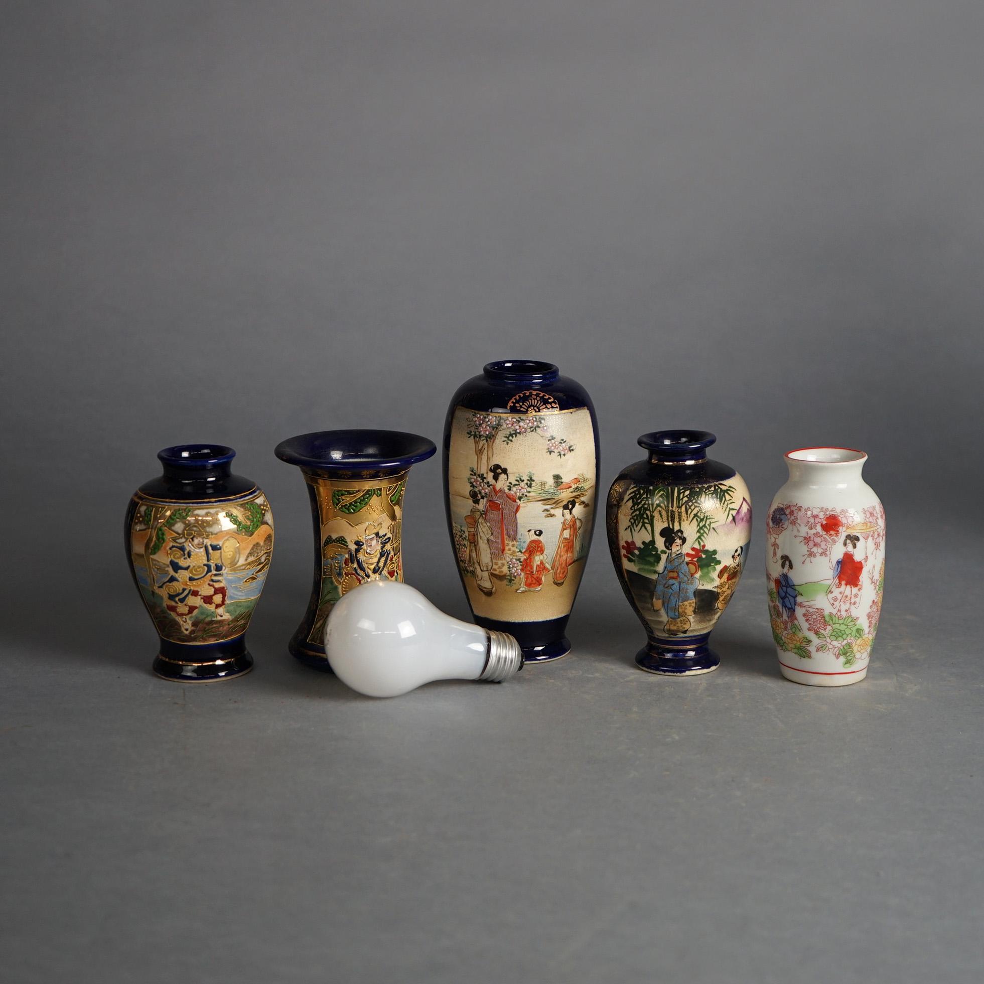 20th Century Five Antique Japanese Satsuma Hand-Painted Porcelain Vases C1920 For Sale