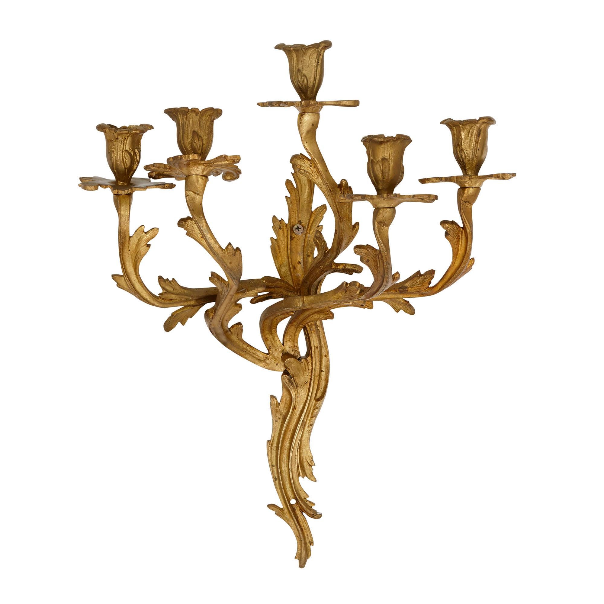French Five Antique Louis XV Style Gilt Bronze Wall Sconces For Sale