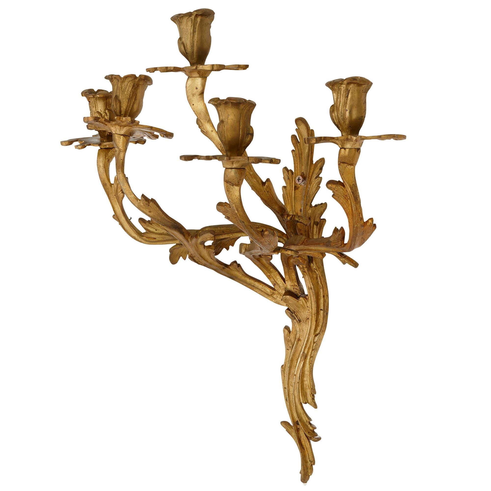 Five Antique Louis XV Style Gilt Bronze Wall Sconces In Good Condition For Sale In London, GB
