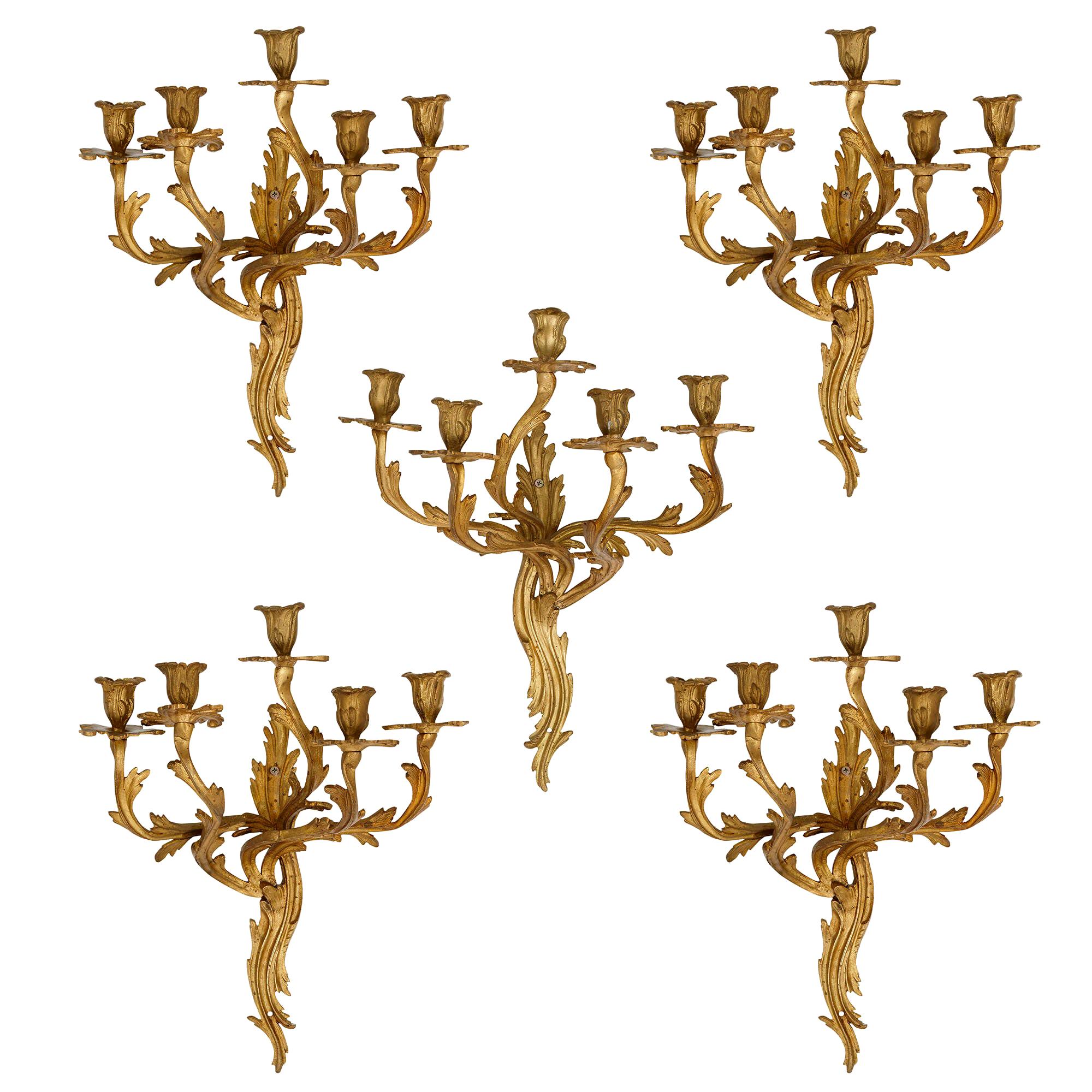 Five Antique Louis XV Style Gilt Bronze Wall Sconces For Sale