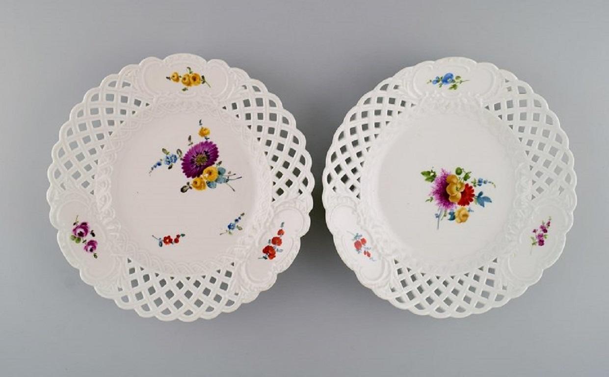 German Five Antique Meissen Plates in Openwork Porcelain with Hand-Painted Flowers