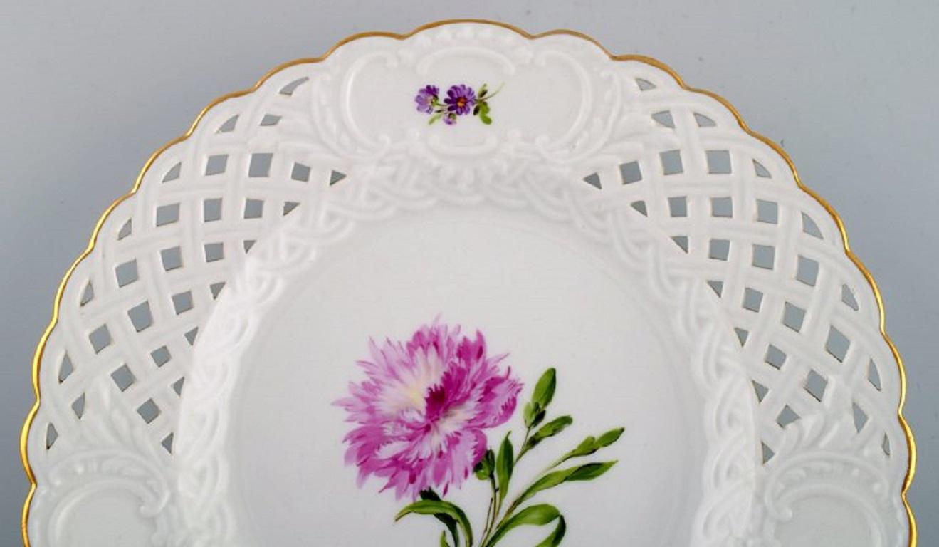 20th Century Five Antique Meissen Plates in Openwork Porcelain with Hand-Painted Flowers