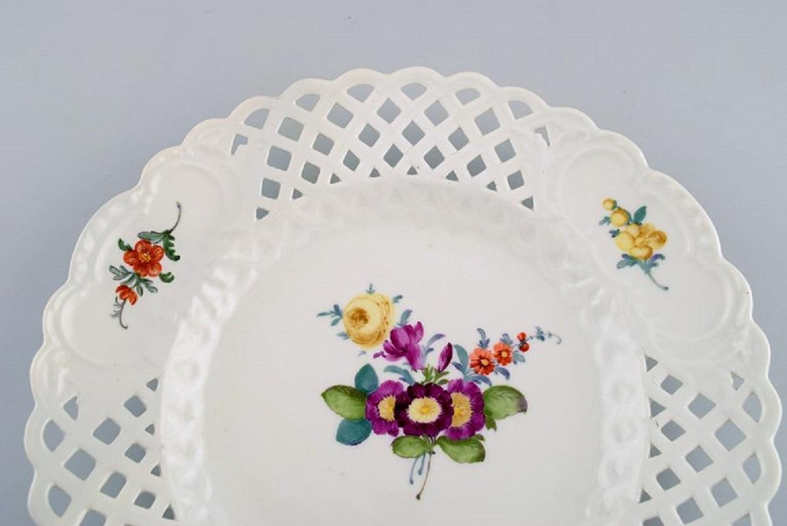 18th Century Five Antique Meissen Plates in Openwork Porcelain with Hand-Painted Flowers