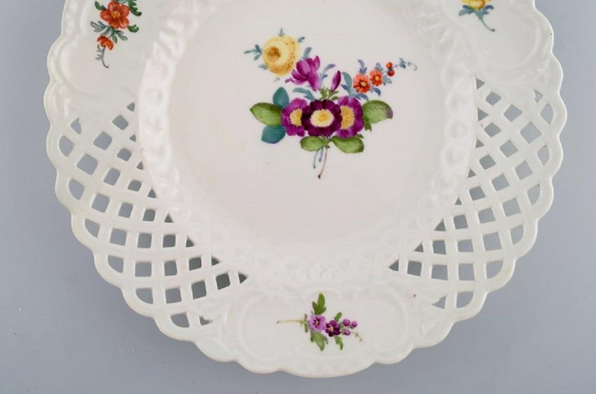 Five Antique Meissen Plates in Openwork Porcelain with Hand-Painted Flowers 1