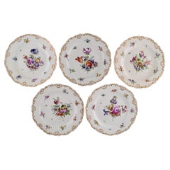 Five Antique Meissen Porcelain Plates with Hand-Painted Flowers