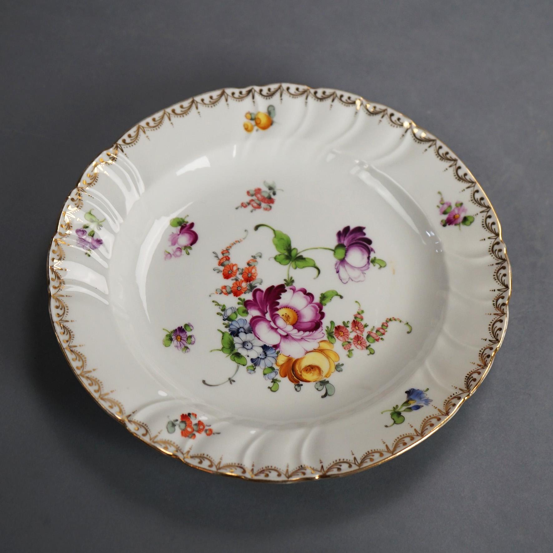 Five Antique Meissen Porcelain Plates with Hand Painted Garden Flowers & Gilt Highlights, en Verso Maker Mark, C1900

Measures - 1.5