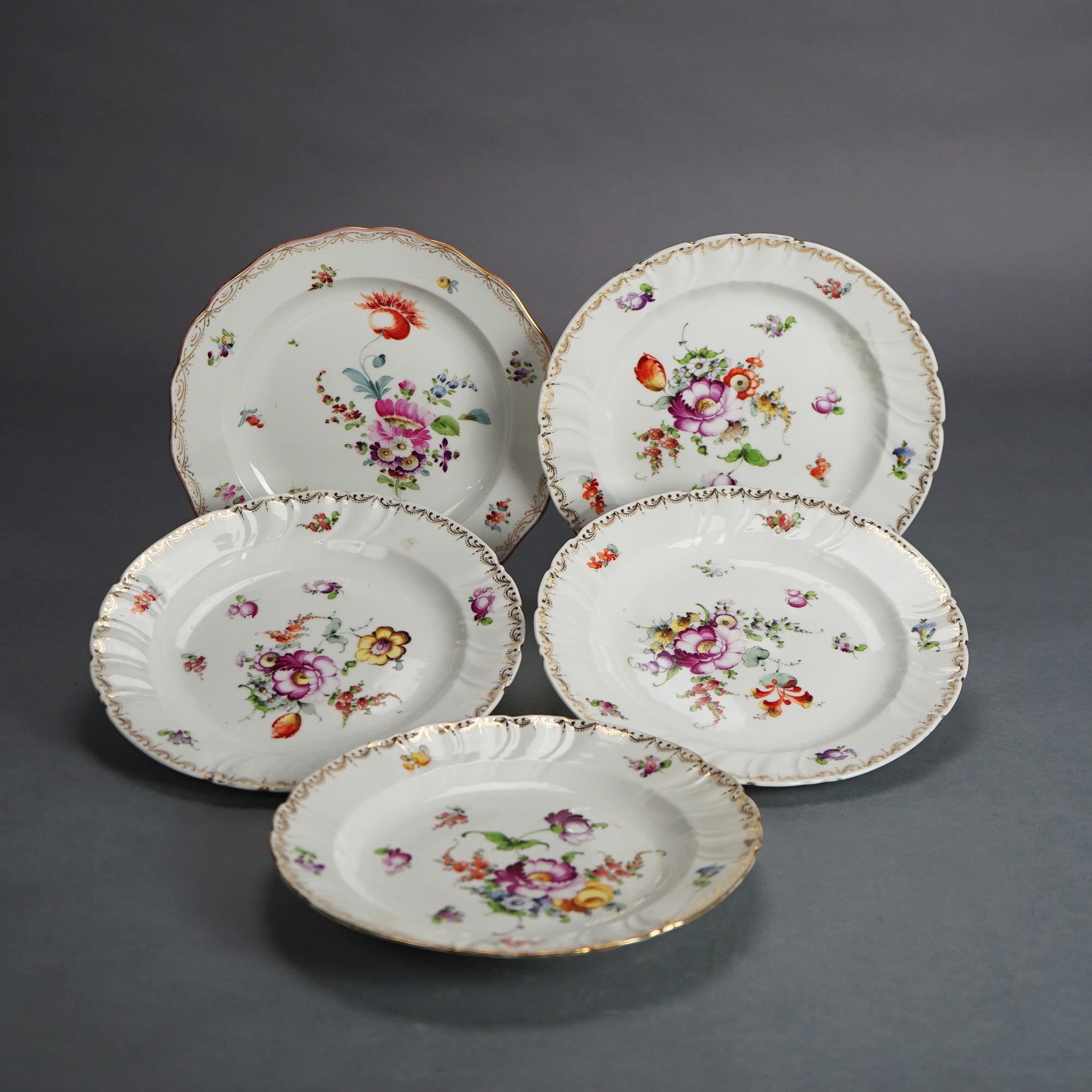 European Five Antique Meissen Porcelain Plates with Hand Painted Flowers & Gilt C1900 For Sale